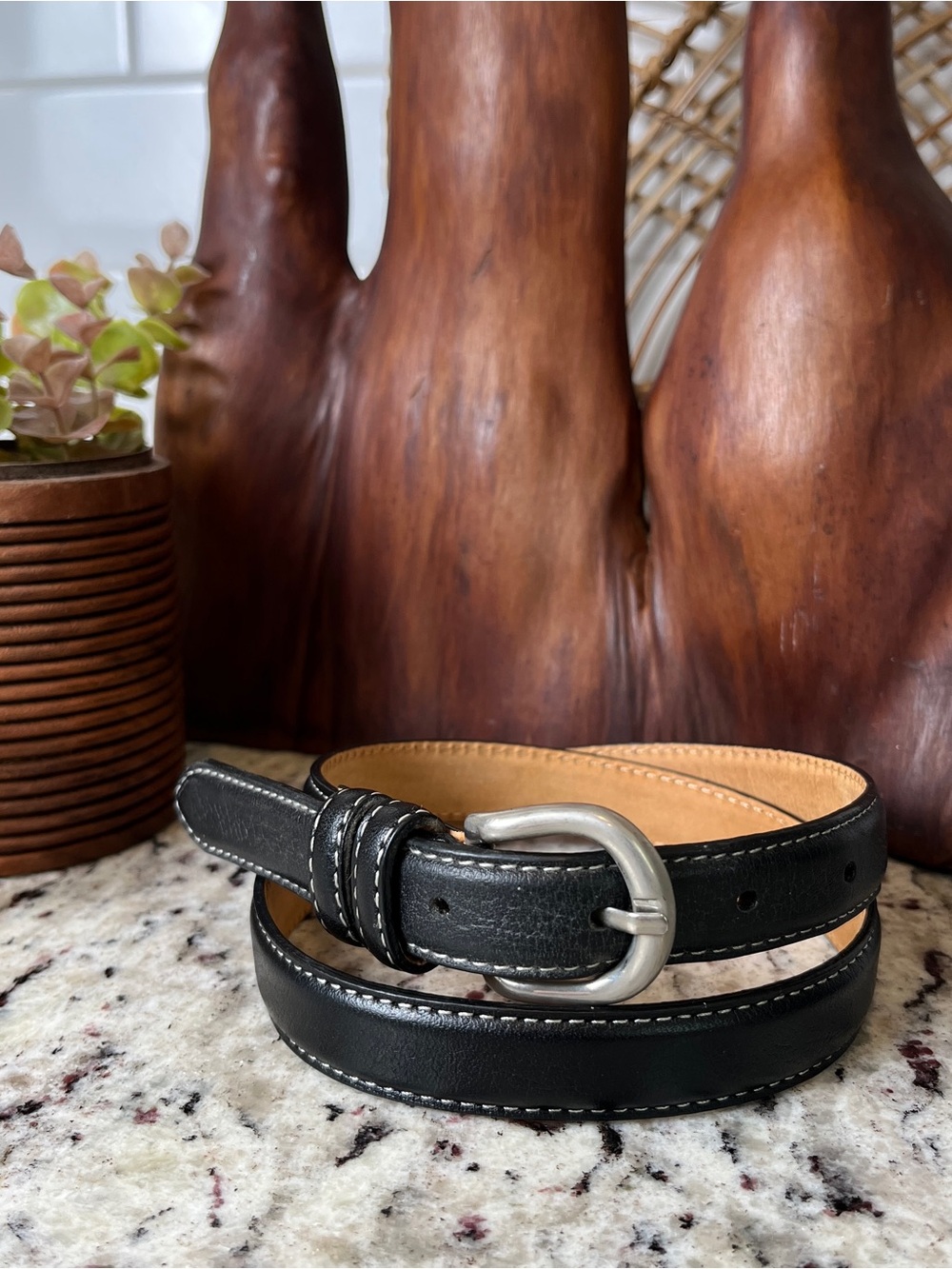 Vintage Skinny Leather Belt with Silver Buckle